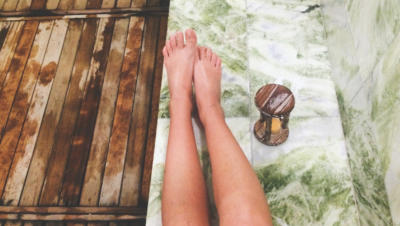 feet in sauna steam room